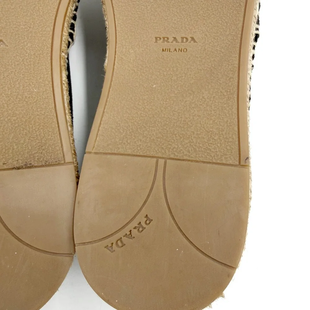 Prada Logo Espadrilles Black Canvas Gold Red Embroidered Flats Sz 36 / 6